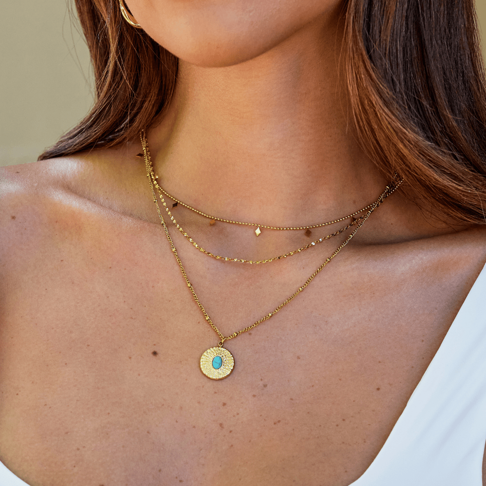 Turquoise Blue Stone-Look Coin Necklace