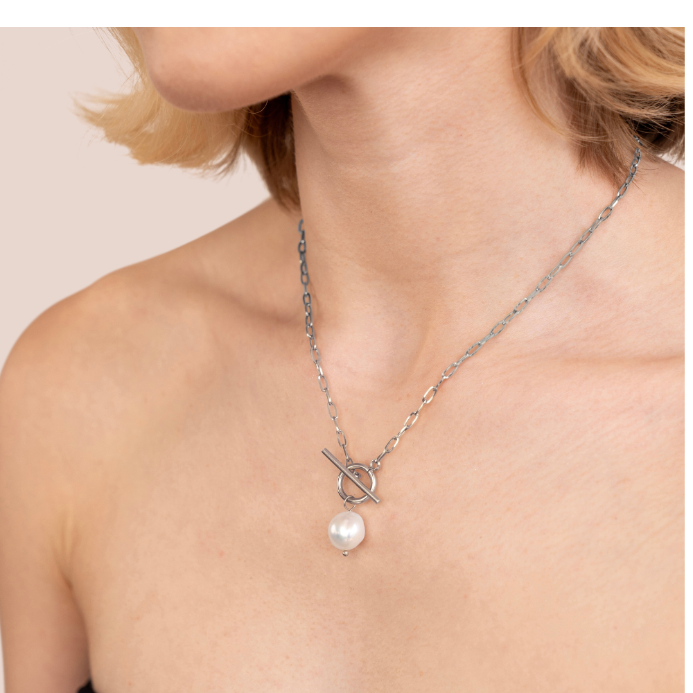 Eva Single Pearl Silver-Tone Chain Necklace