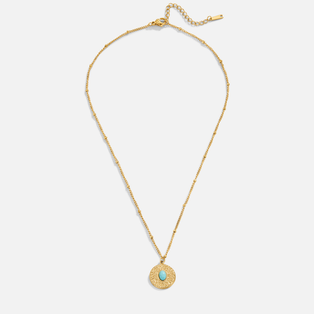 Turquoise Blue Stone-Look Coin Necklace