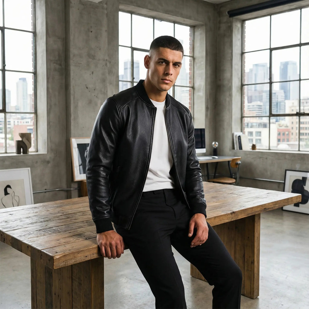 Men's Leather Jacket – Stand Collar Minimalist Cut