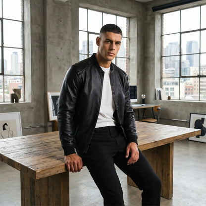 Men's Leather Jacket – Stand Collar Minimalist Cut