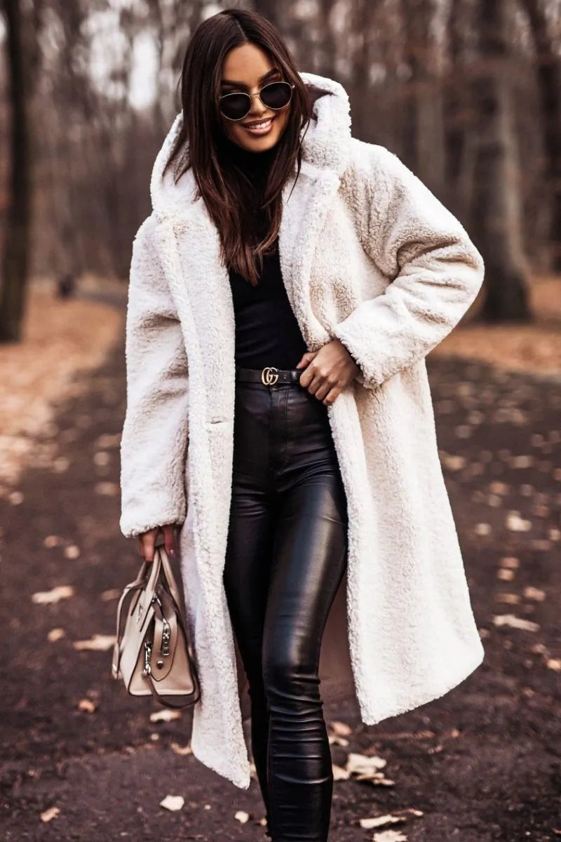 Women's Long Teddy Coat – Plush Faux Fur Texture