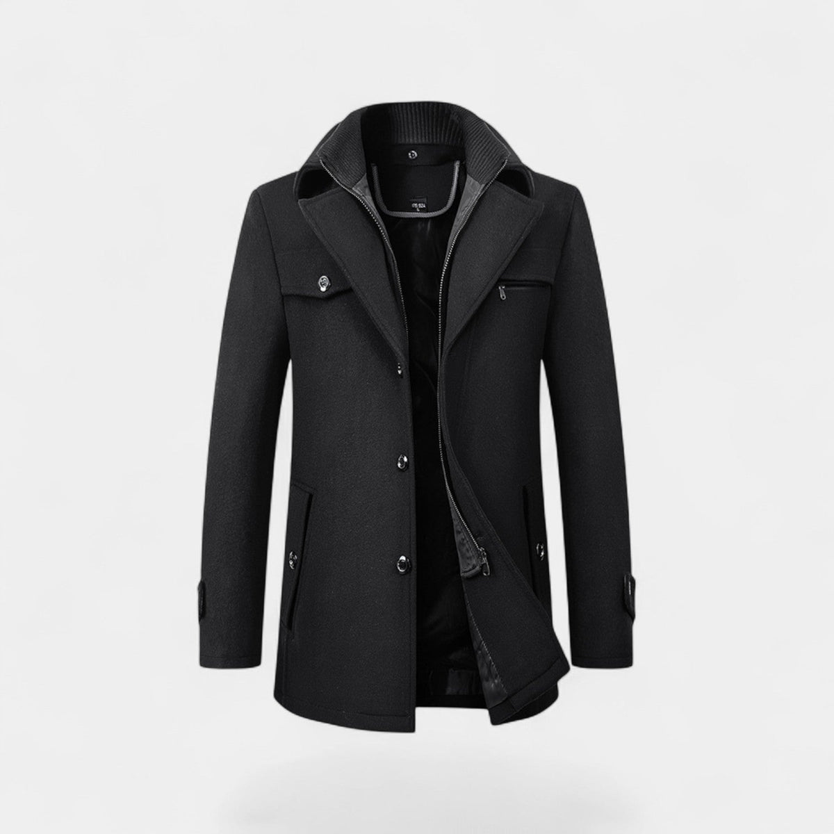 Men's Pure Wool Coat – Zip and Button Stand Collar