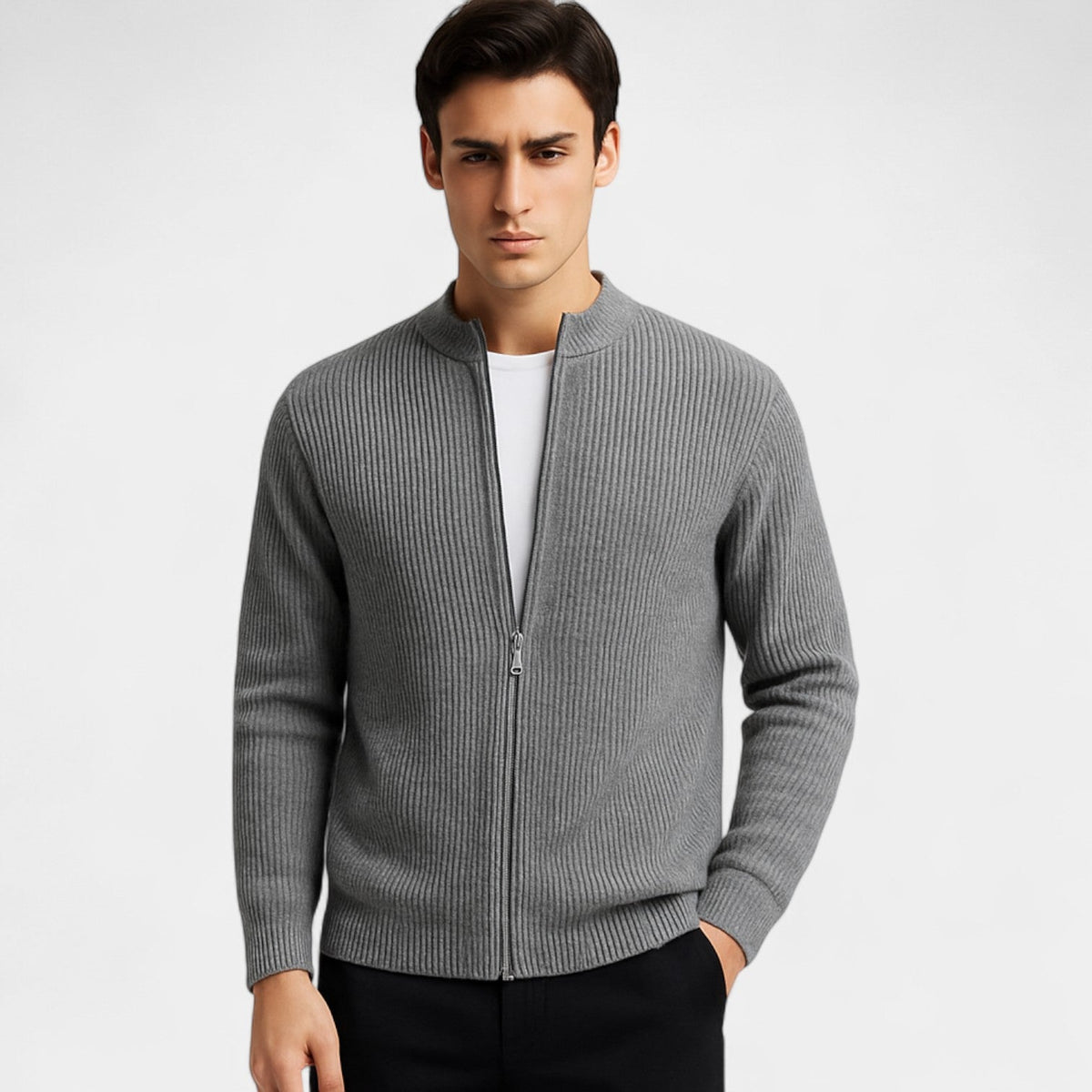 Men's Slim Fit Knit Cardigan – Low V Neck Opening