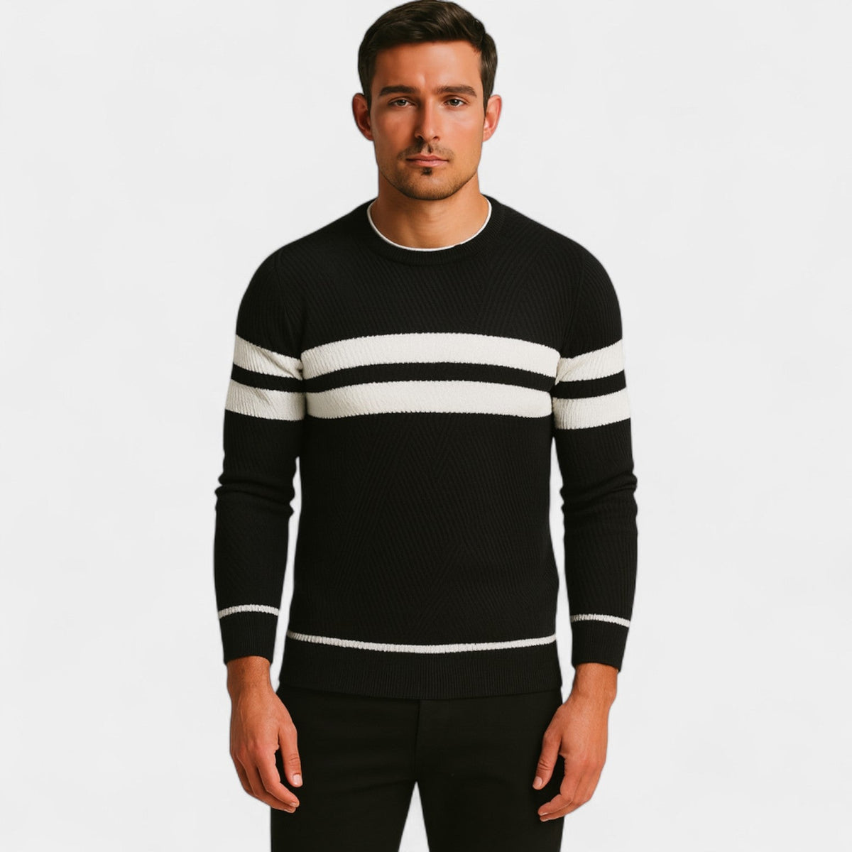 Men's Striped Wool Blend Jumper – Classic V Neck