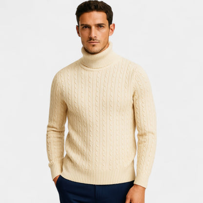 Men's Cable Knit Roll Neck Jumper – Silk Blend Yarn