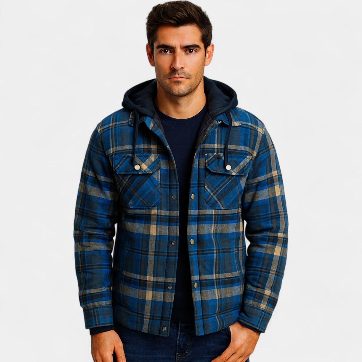 Men's Checked Quilted Jacket – Hooded Relaxed Fit Cotton