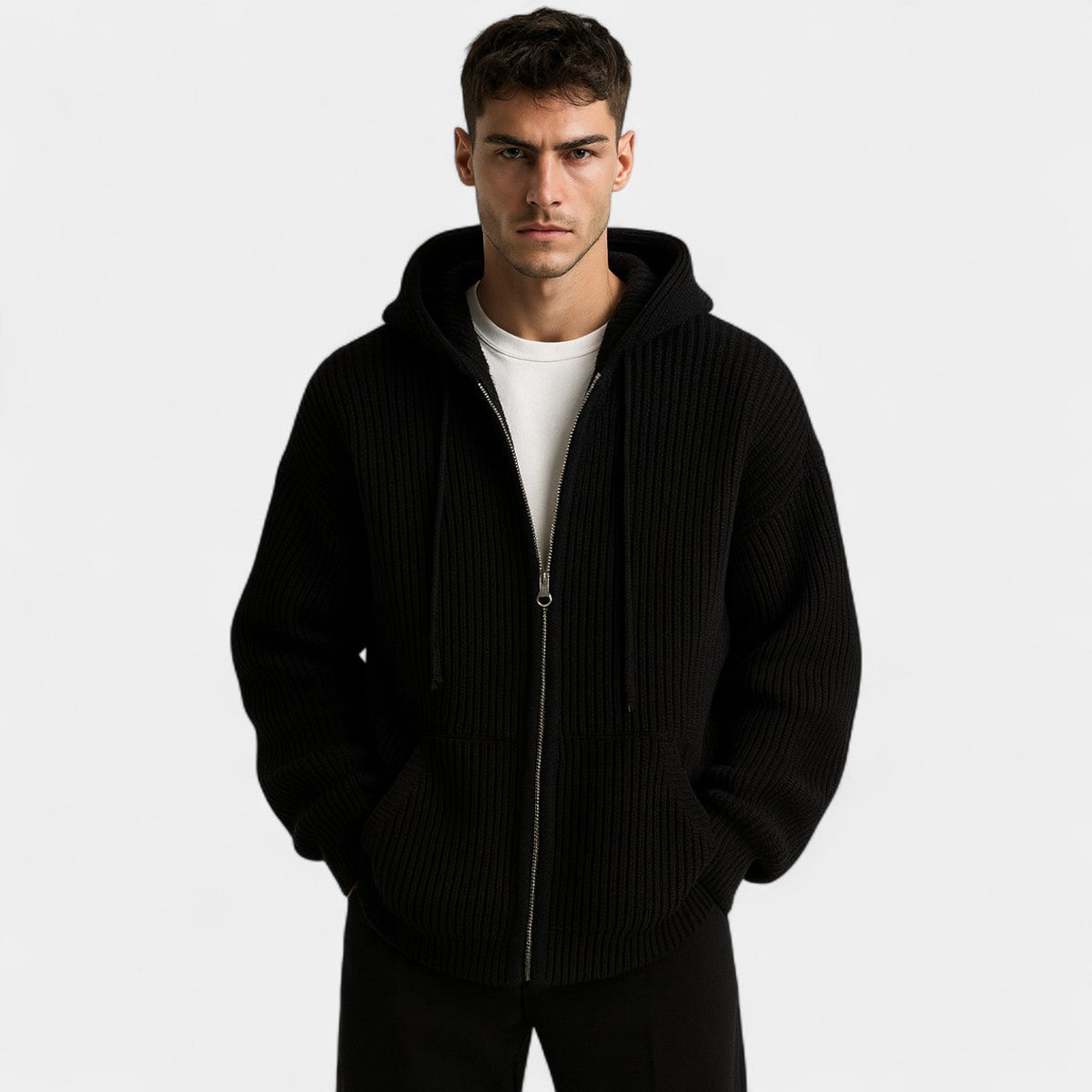 Men's Knitted Zip Hoodie – Relaxed Hooded Cardigan