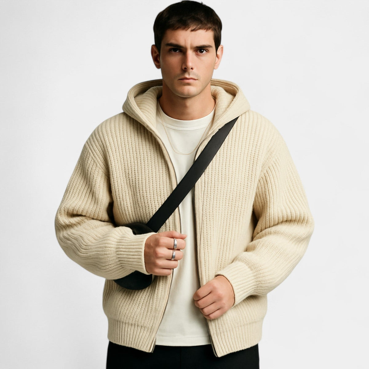 Men's Knitted Zip Hoodie – Relaxed Hooded Cardigan
