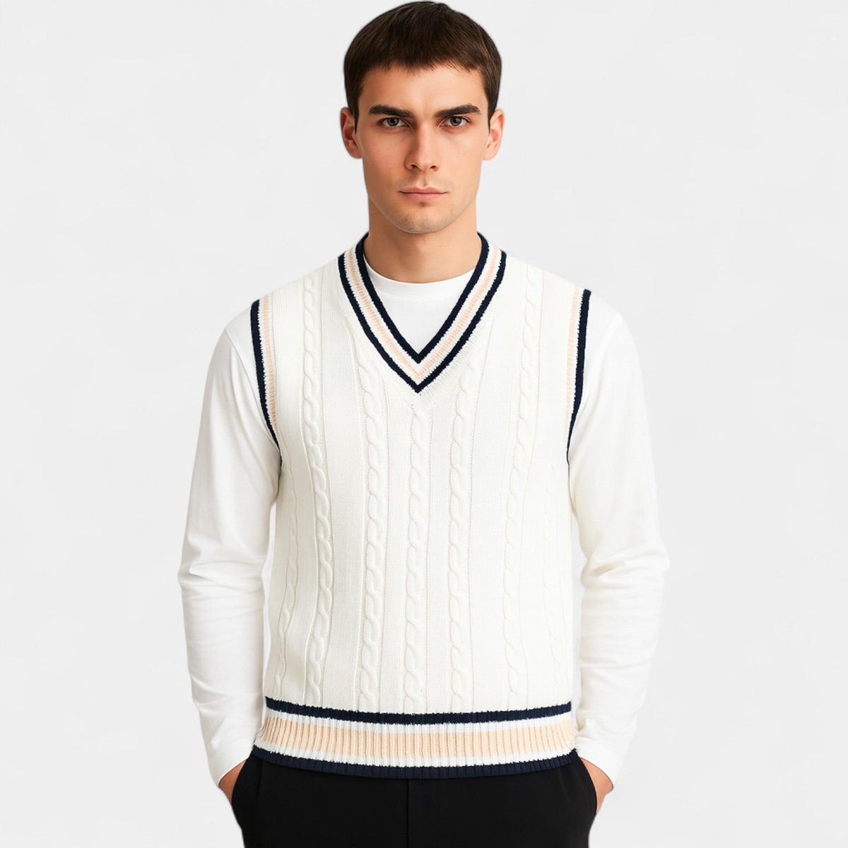 Men's Sleeveless Cable Knit Vest – V Neck Layering Piece