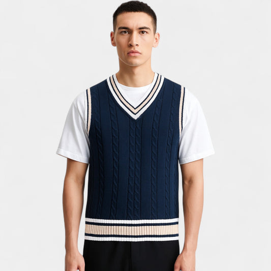 Men's Sleeveless Cable Knit Vest – V Neck Layering Piece