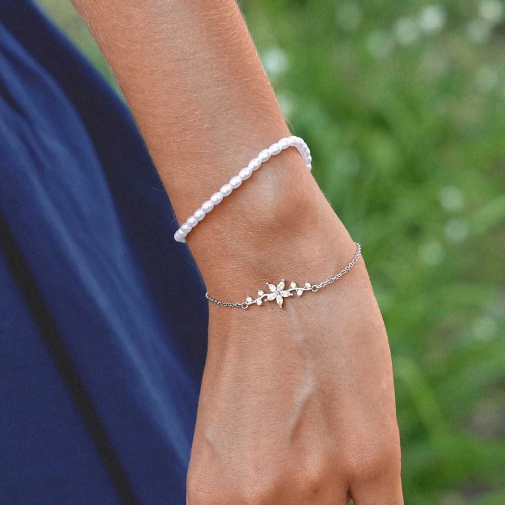Crystal Petal Flower Silver-Tone Bracelet