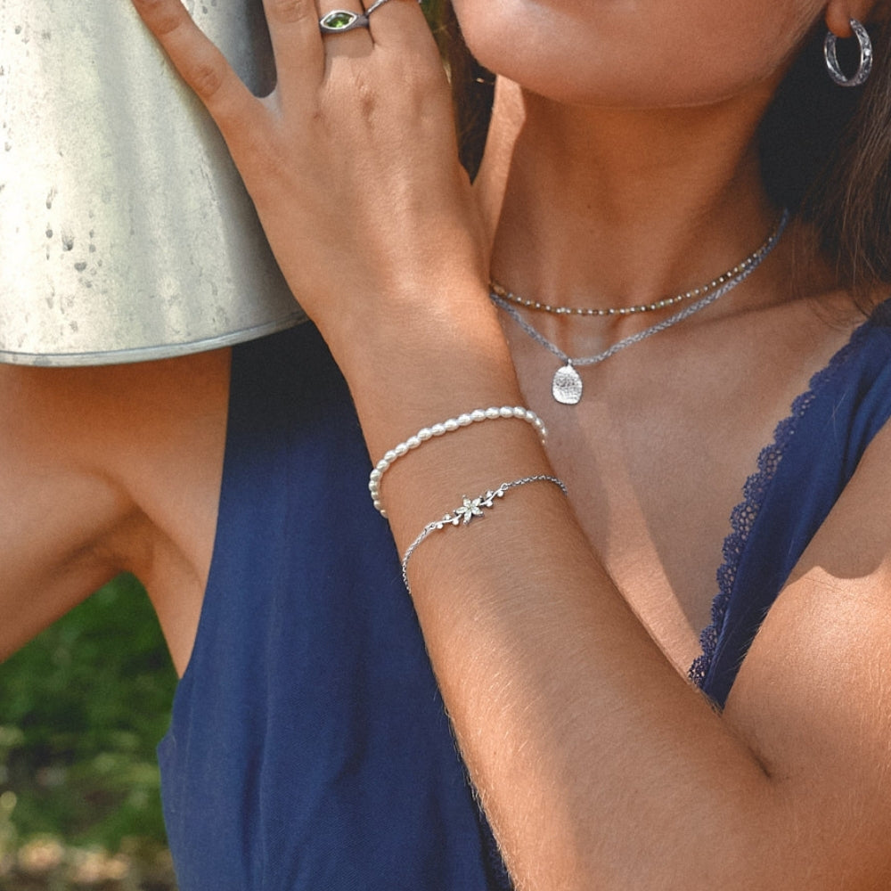 Crystal Petal Flower Silver-Tone Bracelet