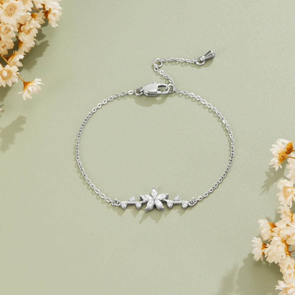 Crystal Petal Flower Silver-Tone Bracelet