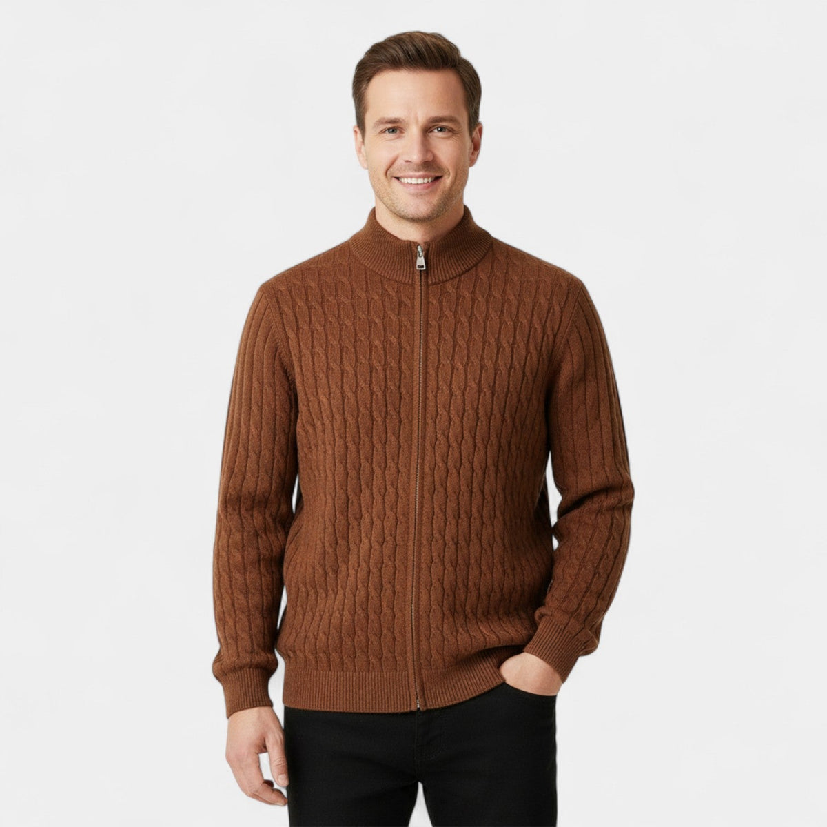 Men's Cable Knit Wool Cardigan – Stand Collar Jacquard