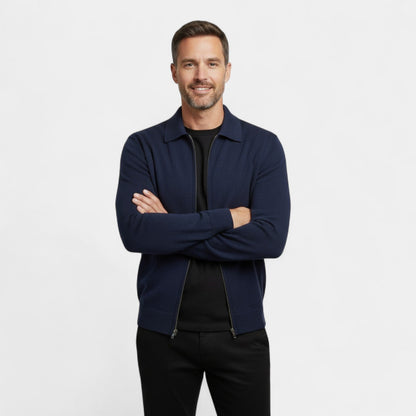 Men's Merino Wool Cardigan – Zip Front Lapel Collar