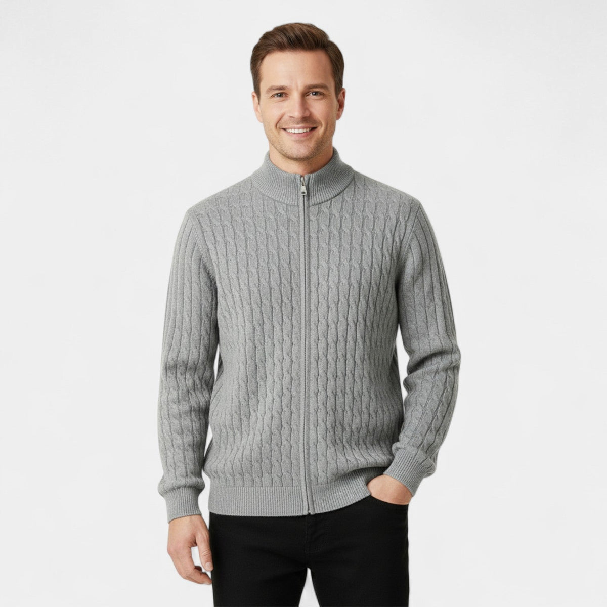 Men's Cable Knit Wool Cardigan – Stand Collar Jacquard