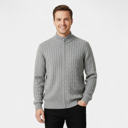 Men's Cable Knit Wool Cardigan – Stand Collar Jacquard