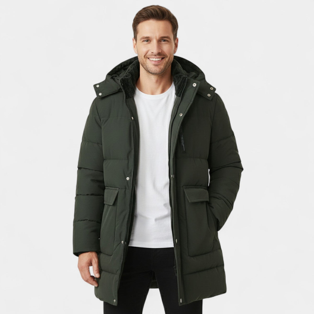 Men's Long Cotton Coat – Fleece Lined with Hood
