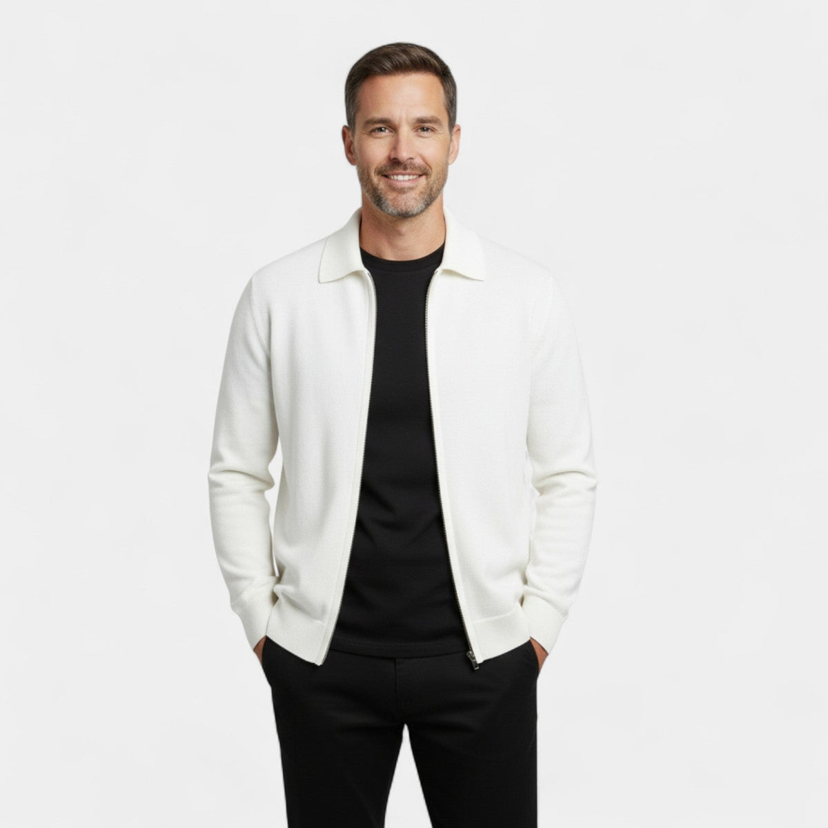Men's Merino Wool Cardigan – Zip Front Lapel Collar