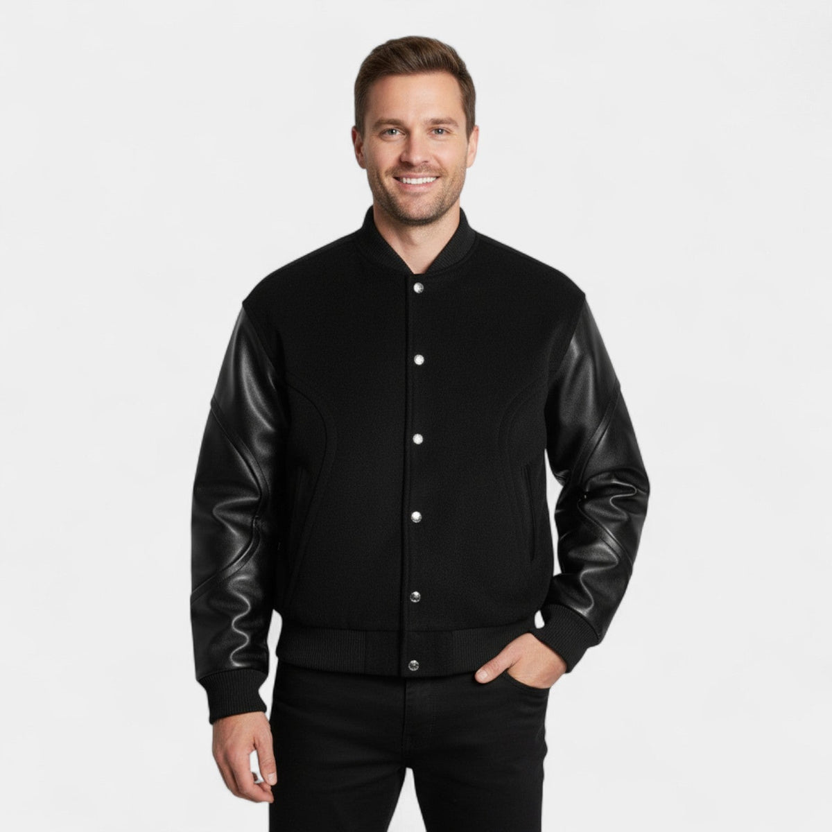 Men's Bomber Jacket – Wool Body with Leather Sleeves