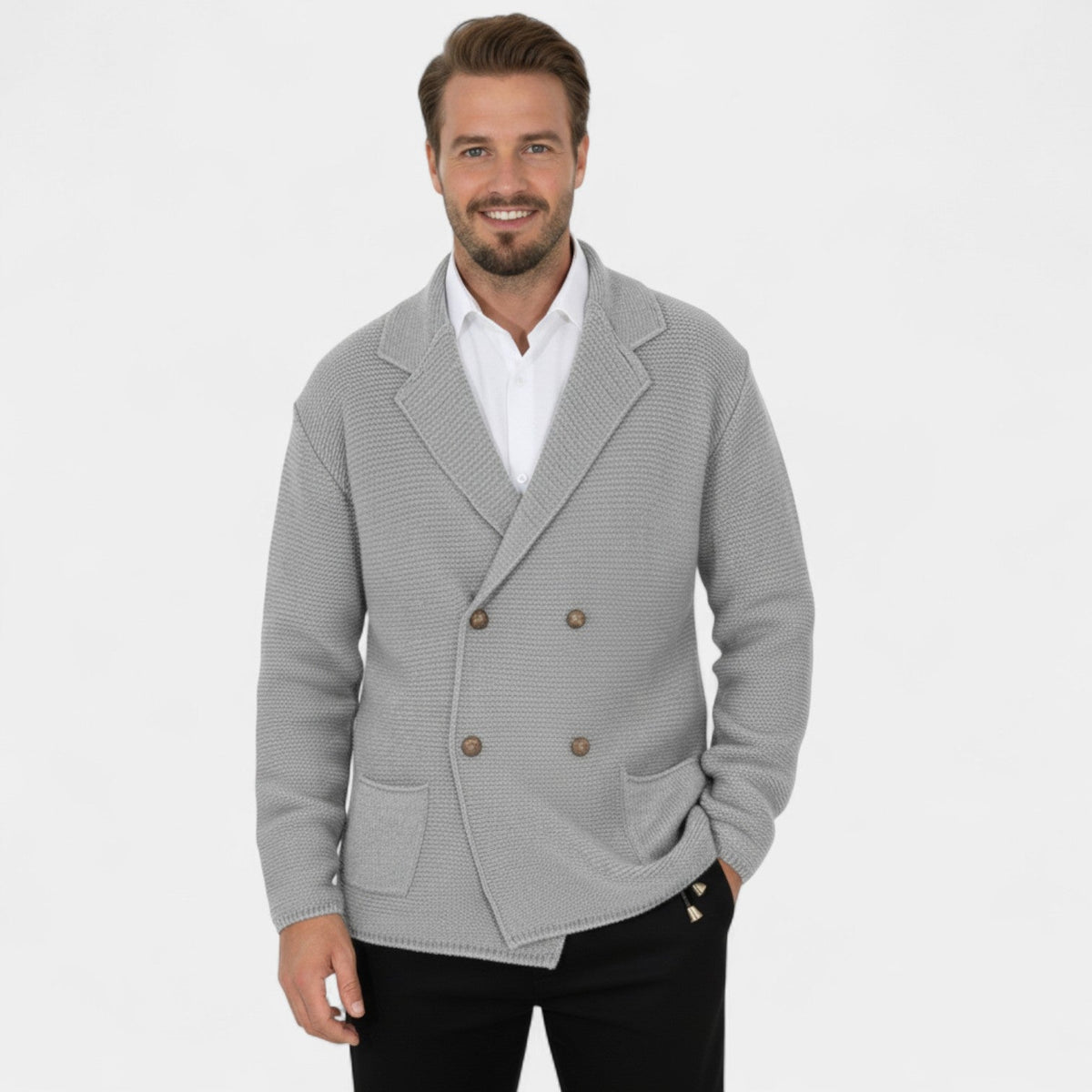 Men's Double Breasted Knit Cardigan – Lapel Collar