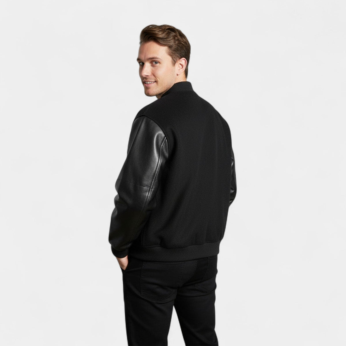 Men's Bomber Jacket – Wool Body with Leather Sleeves