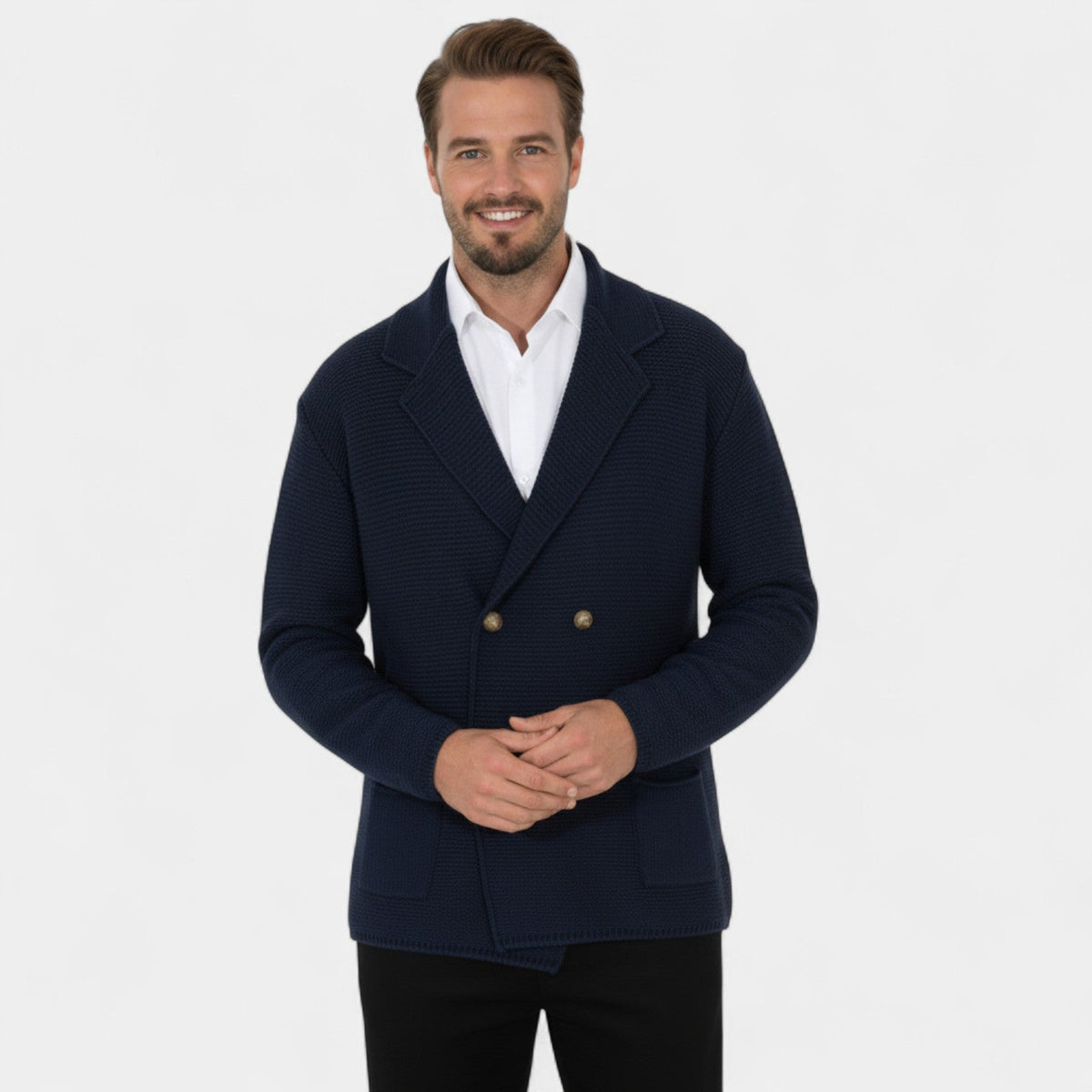 Men's Double Breasted Knit Cardigan – Lapel Collar