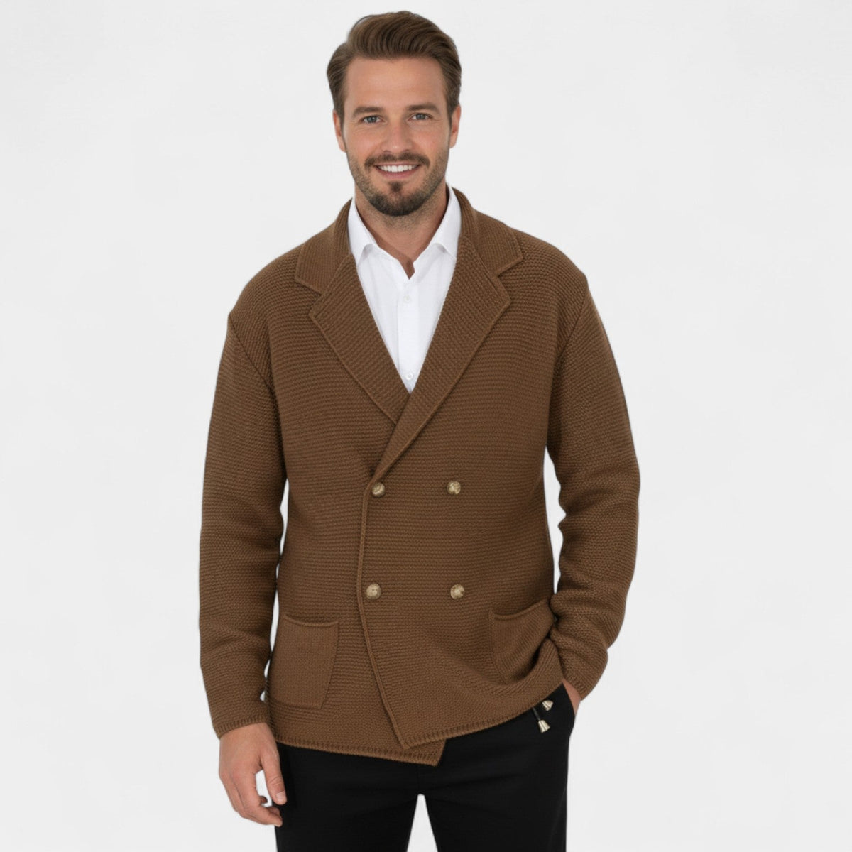 Men's Double Breasted Knit Cardigan – Lapel Collar
