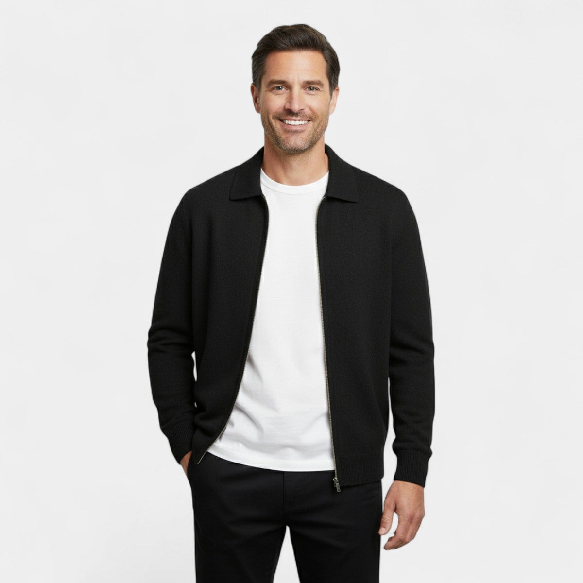 Men's Merino Wool Cardigan – Zip Front Lapel Collar
