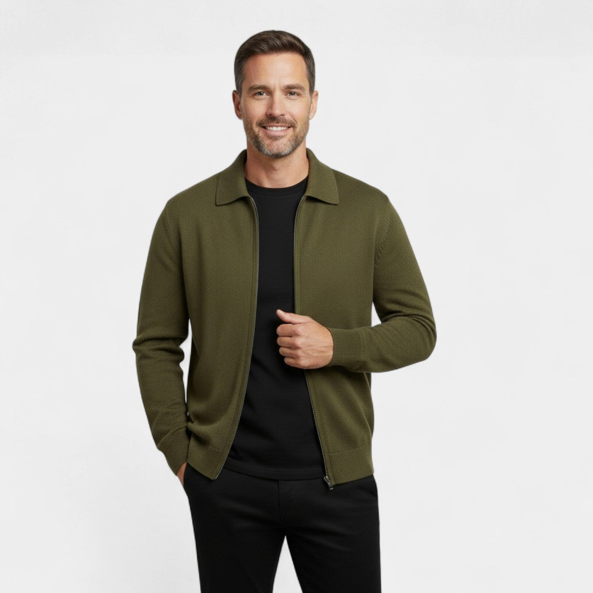 Men's Merino Wool Cardigan – Zip Front Lapel Collar