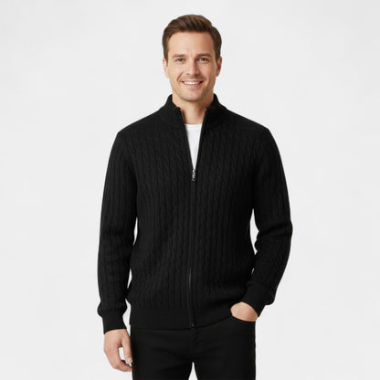 Men's Cable Knit Wool Cardigan – Stand Collar Jacquard