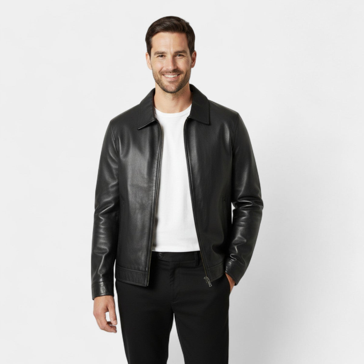 Men's Vegan Leather Jacket – Stand Collar Windproof Style