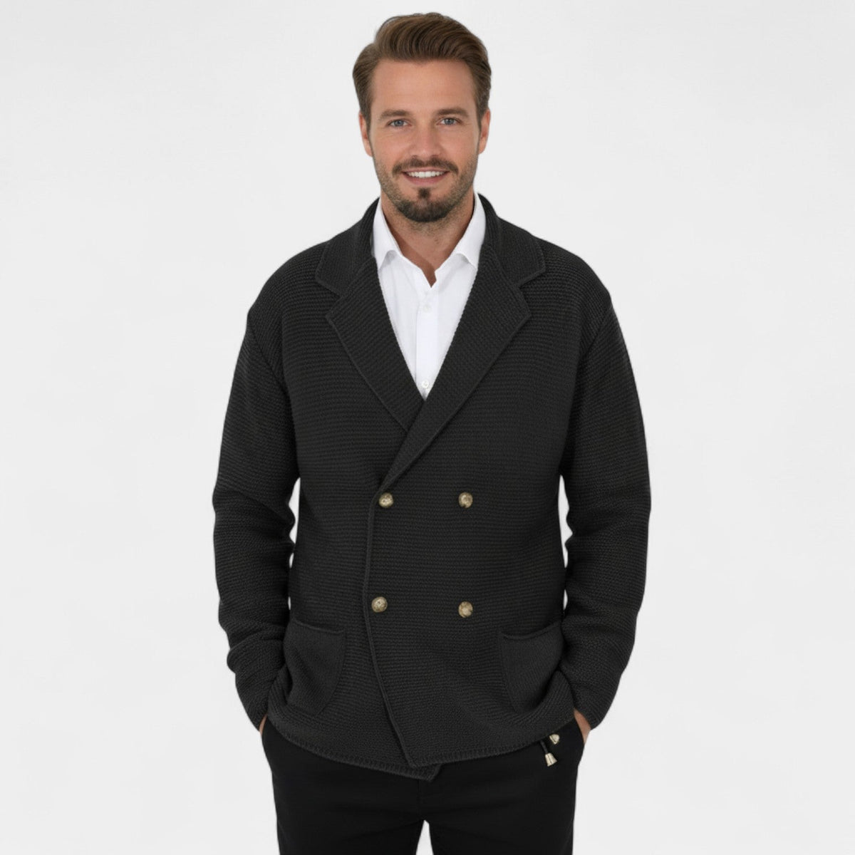 Men's Double Breasted Knit Cardigan – Lapel Collar