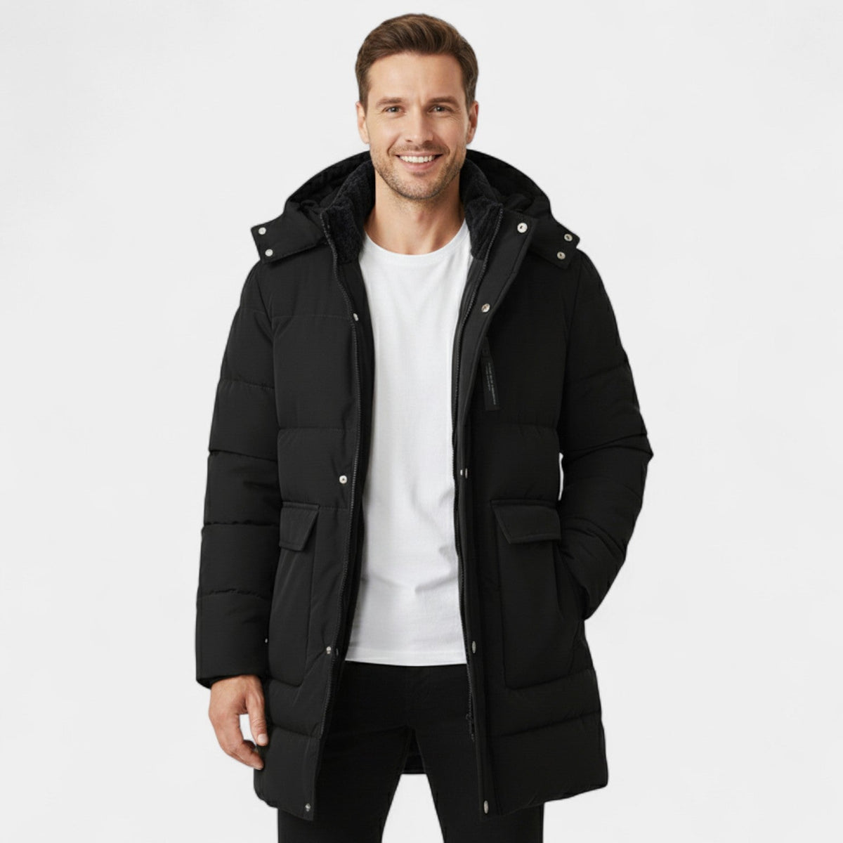 Men's Long Cotton Coat – Fleece Lined with Hood