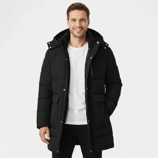 Men's Long Cotton Coat – Fleece Lined with Hood