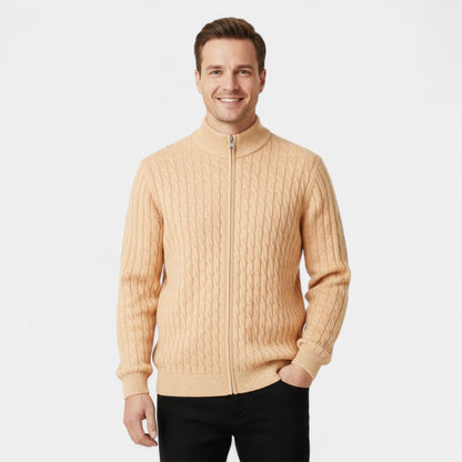 Men's Cable Knit Wool Cardigan – Stand Collar Jacquard