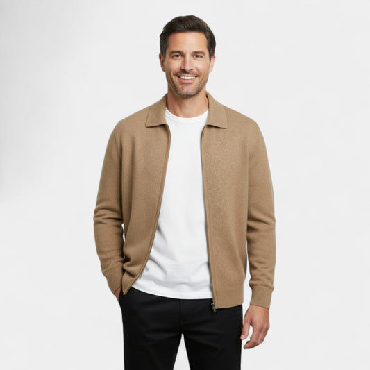 Men's Merino Wool Cardigan – Zip Front Lapel Collar
