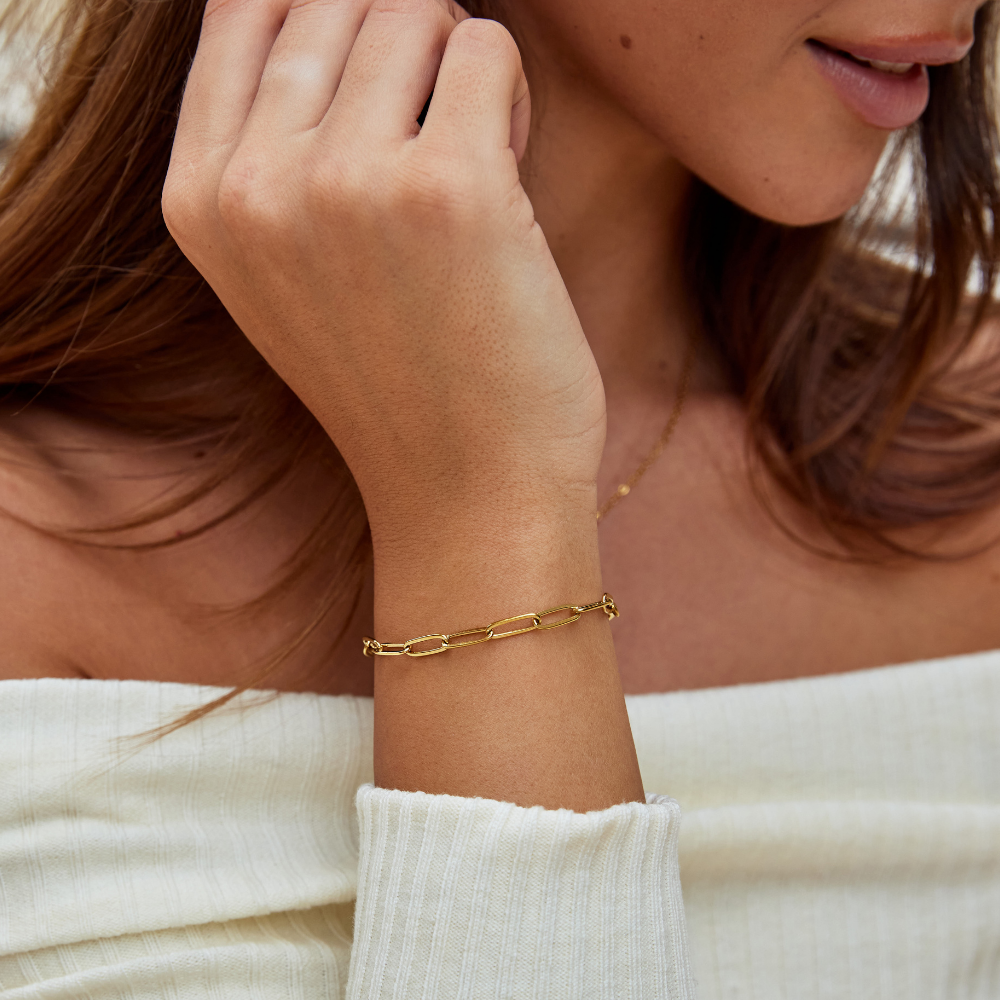 Long Elongated Flat Link Gold-Tone Bracelet