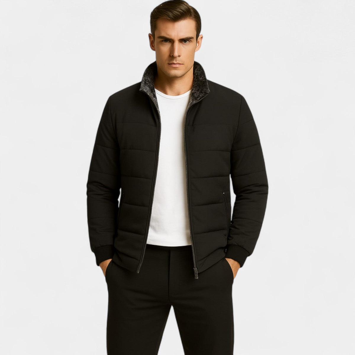 Men's Padded Cotton Jacket – faux fur Lined Stand Collar