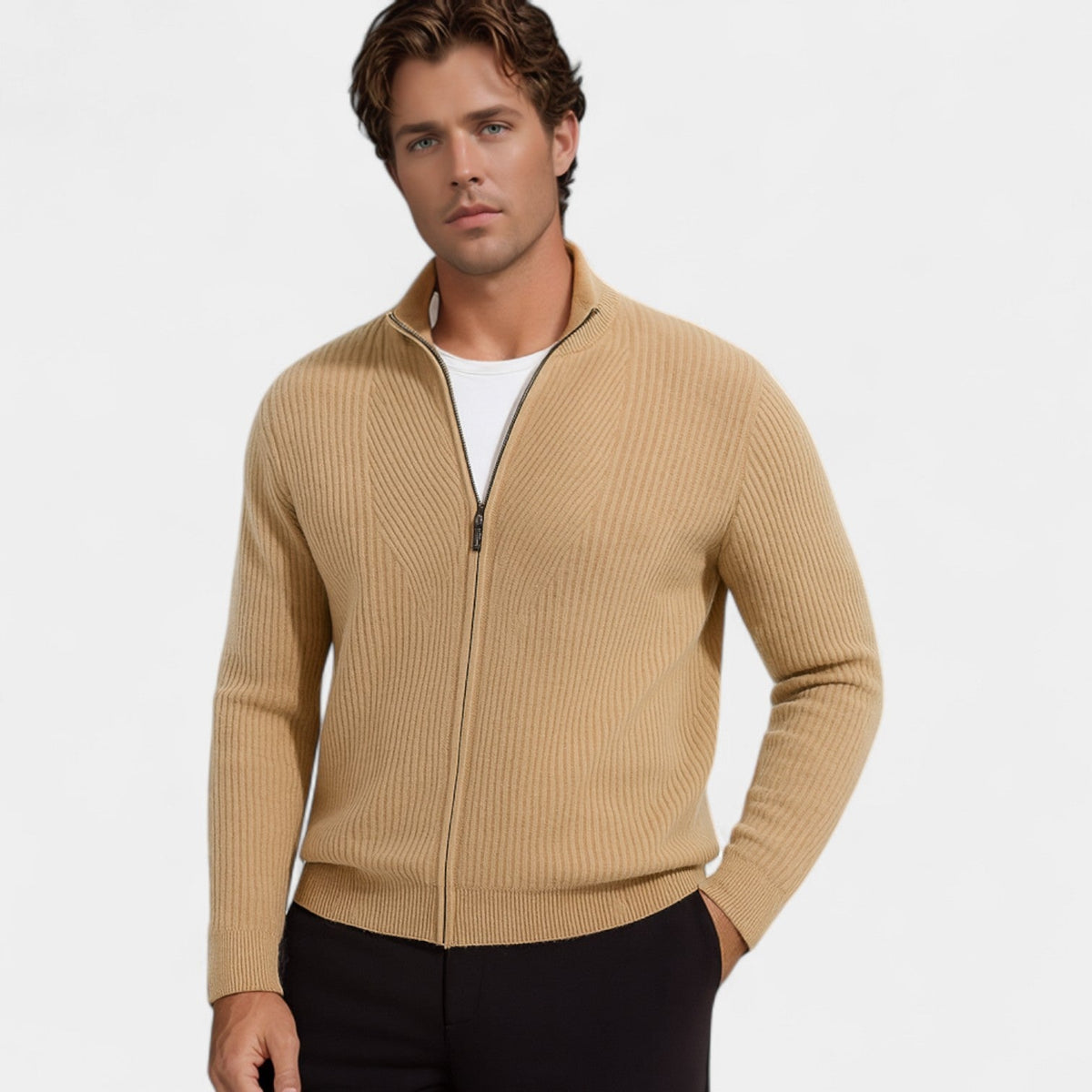 Men's Pure Cashmere Zip Cardigan – Chunky Stand Collar Knit
