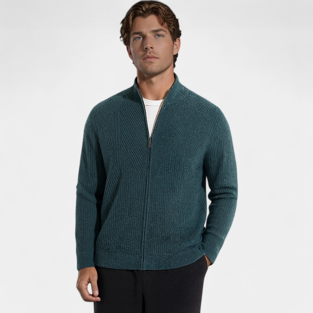 Men's Pure Cashmere Zip Cardigan – Chunky Stand Collar Knit