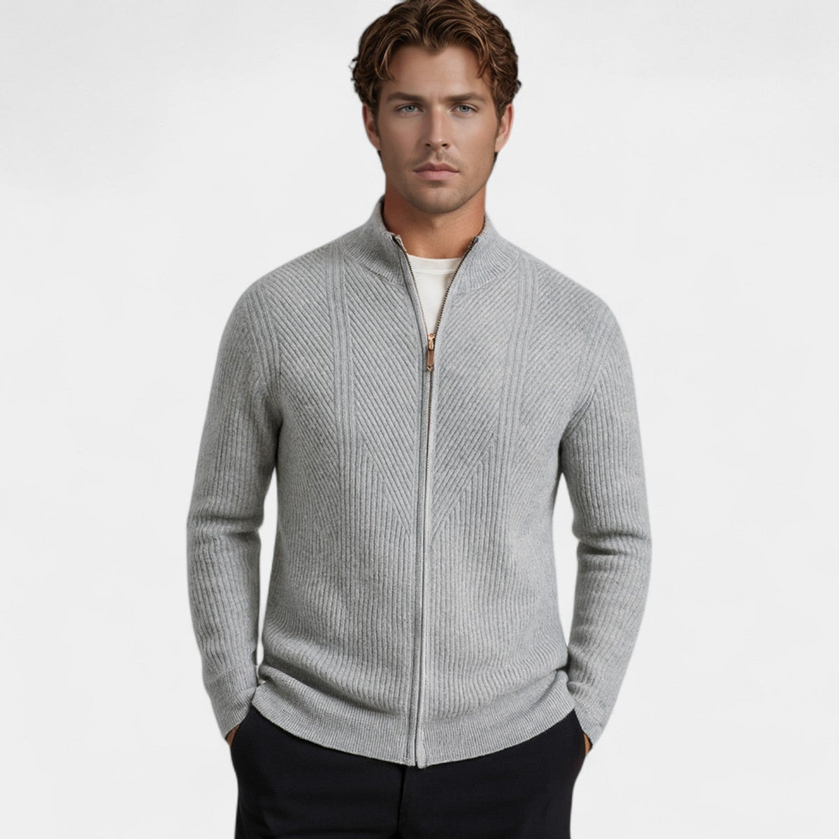 Men's Pure Cashmere Zip Cardigan – Chunky Stand Collar Knit