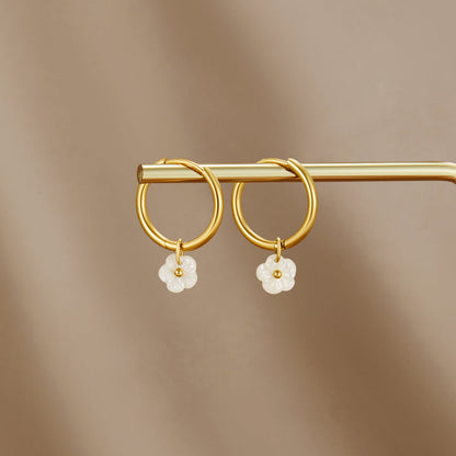 Hoop Earrings with White Petals and Shell Sheen