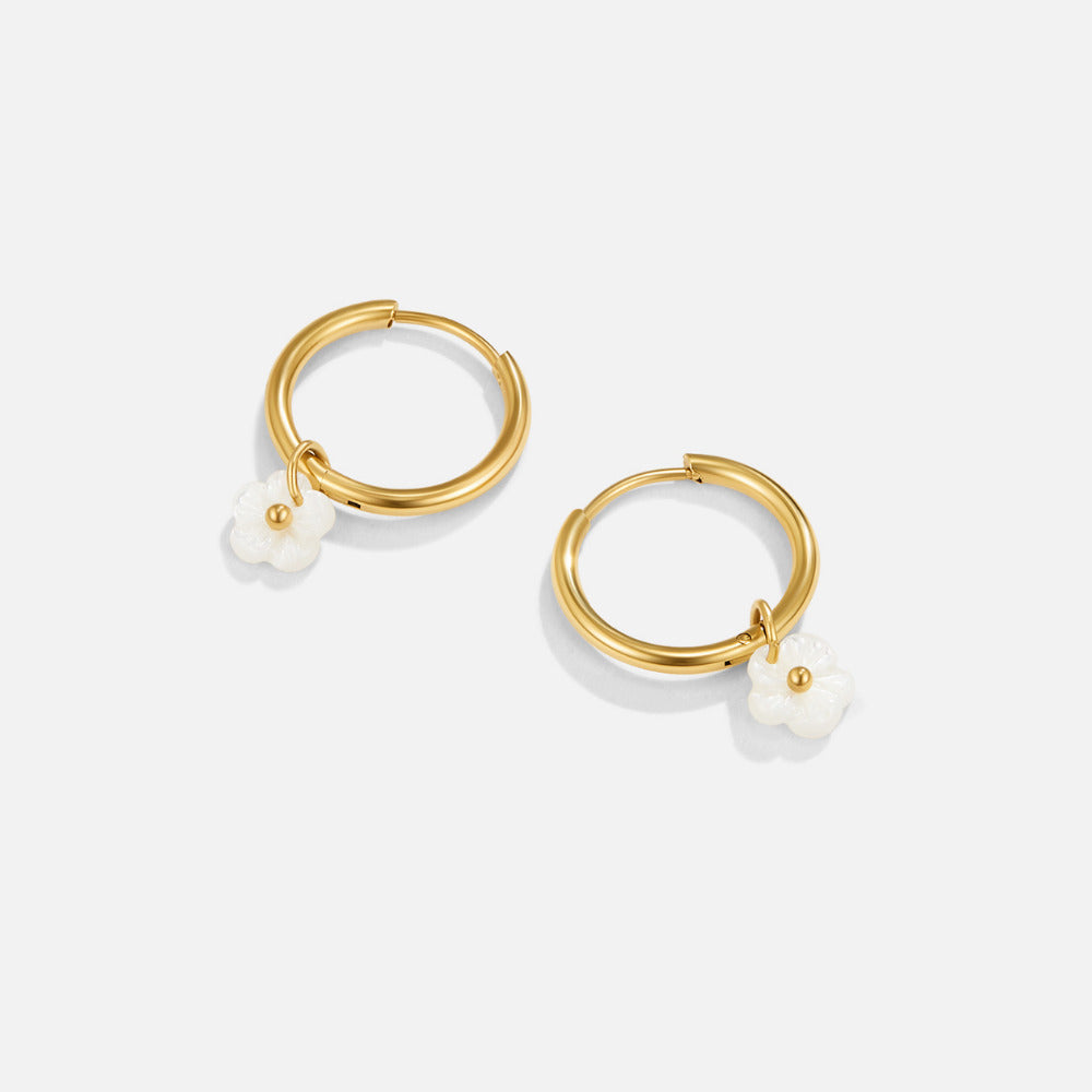 Hoop Earrings with White Petals and Shell Sheen