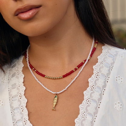 Alea Sunlit Coral Red Beaded Strand Necklace