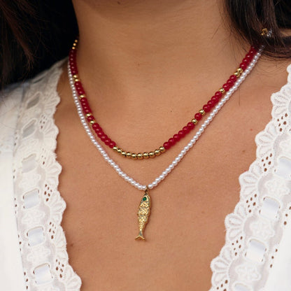 Alea Sunlit Coral Red Beaded Strand Necklace