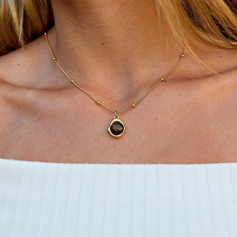 Warm Amber Glass Stone Drop Necklace