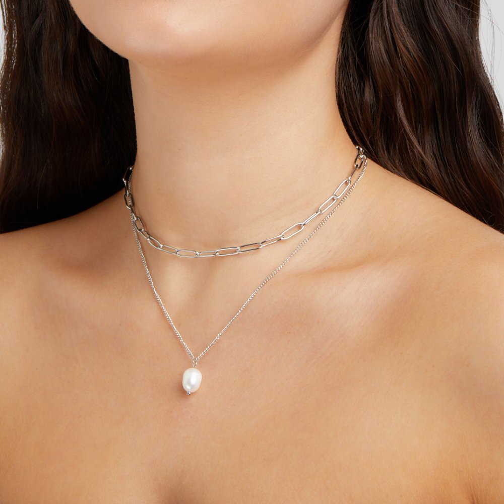 Angela Single Pearl Silver-Tone Chain Necklace