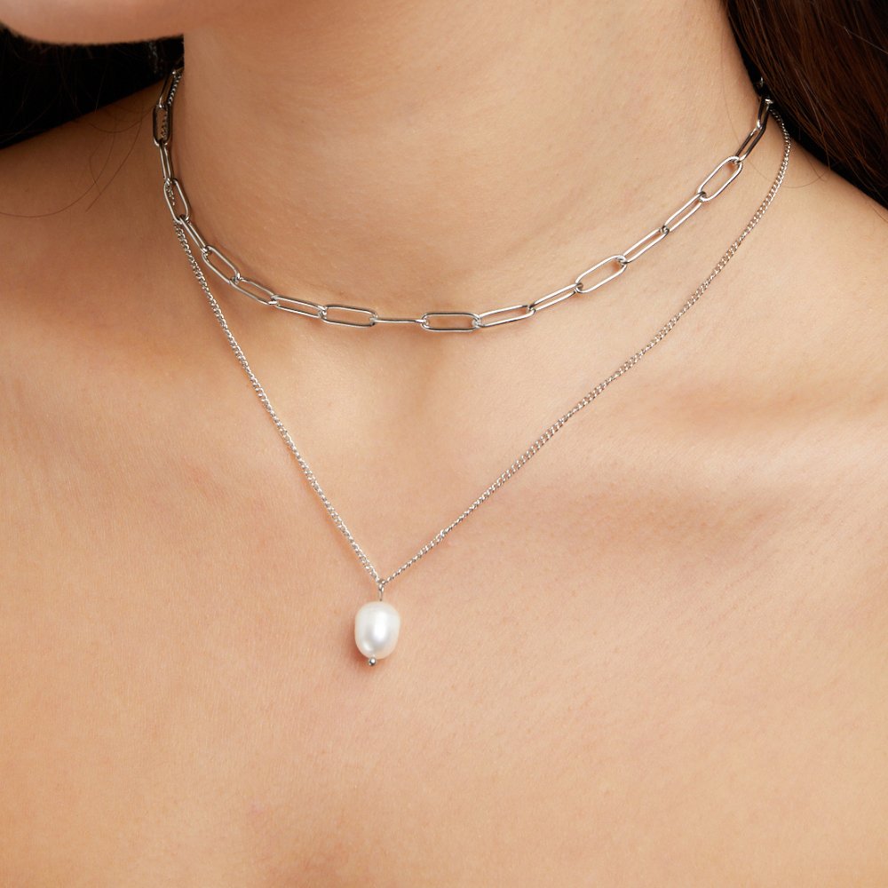 Angela Single Pearl Silver-Tone Chain Necklace